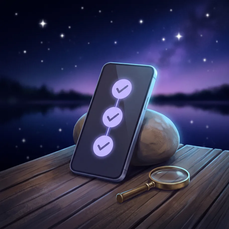 Illustration of a phone on a lakeside dock at night, its screen showing three glowing check marks, with a magnifying glass beside it
