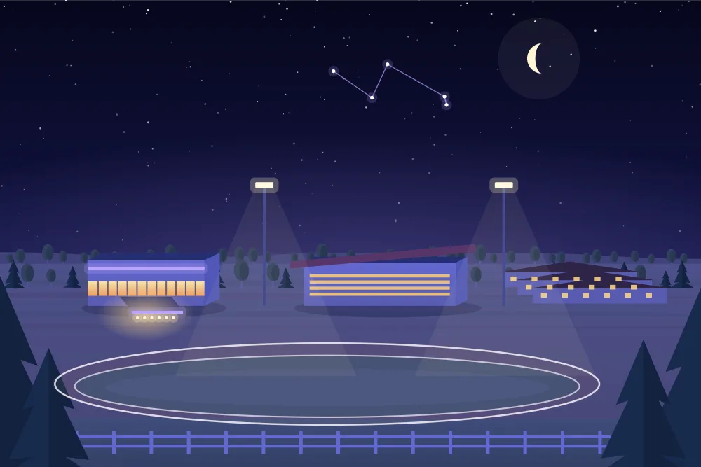 Night illustration of a harness racetrack and slots building in the farm country of Fraserville