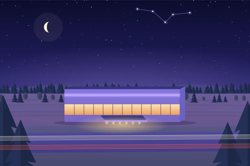 Twilight illustration of a casino with a lit entrance canopy beside Highway 2 in Gananoque, light trails on the road