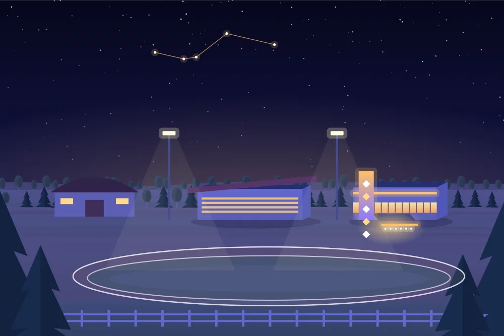 Night illustration of a raceway, grandstand and fairground hall in Hanover