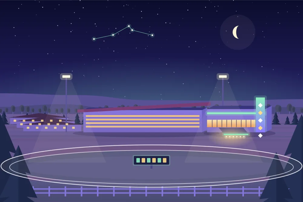 Twilight illustration of a racetrack oval and casino under floodlights in Innisfil