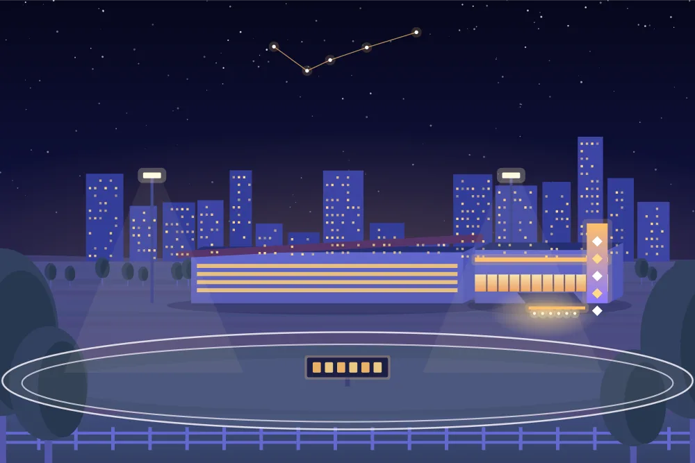 Night illustration of a casino and harness raceway on fairgrounds in London, city lights behind