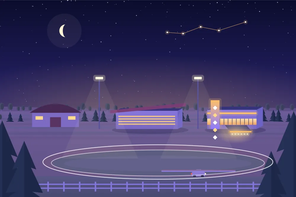 Twilight illustration of a harness track, grandstand and barn at a horse park near Sarnia